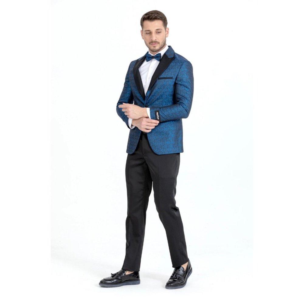 Derman Blue Patterned Shiny Fabric Tuxedo